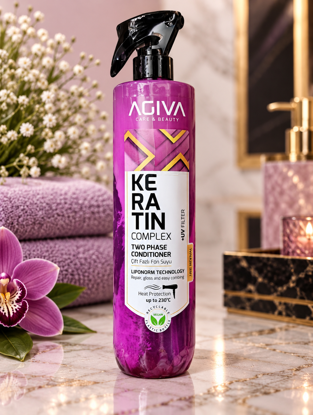💜 AGIVA KERATIN COMPLEX – DVIFAZIS PURŠKIKLIS PLAUKAMS